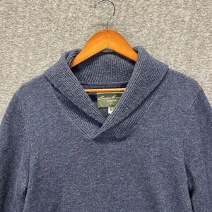 Eddie Bauer Men Size M Shawl Neck Knit Pull-Over Blue Lambswool Sweater